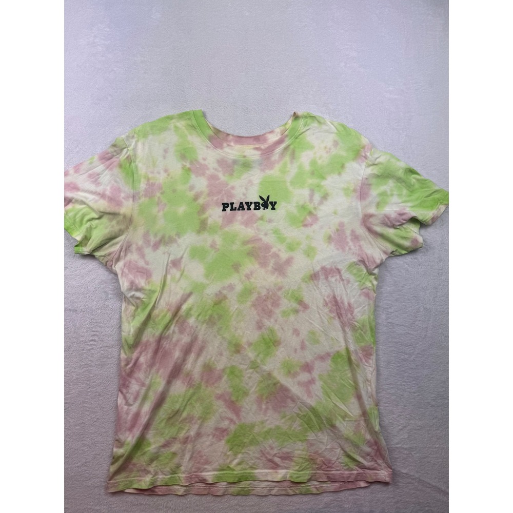 Playboy by PacSun Mens Tie Dye T-Shirt Green Pink Bunny Logo Short Sleeve L